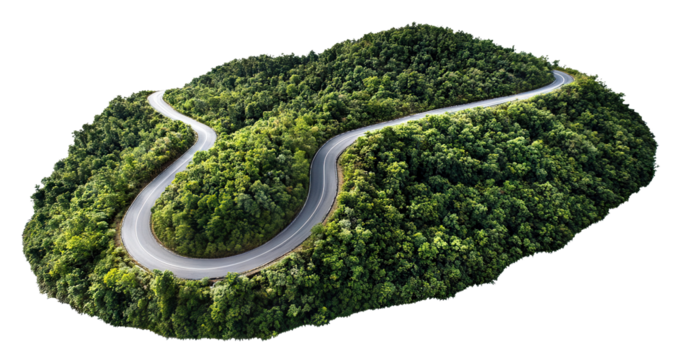 Scenic curved road surrounded by vibrant foliage, isolated on transparent cutout background