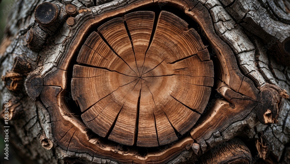 Poster Close up detailed wood texture of a tree trunk showcasing age rings and natural patterns in rustic tones