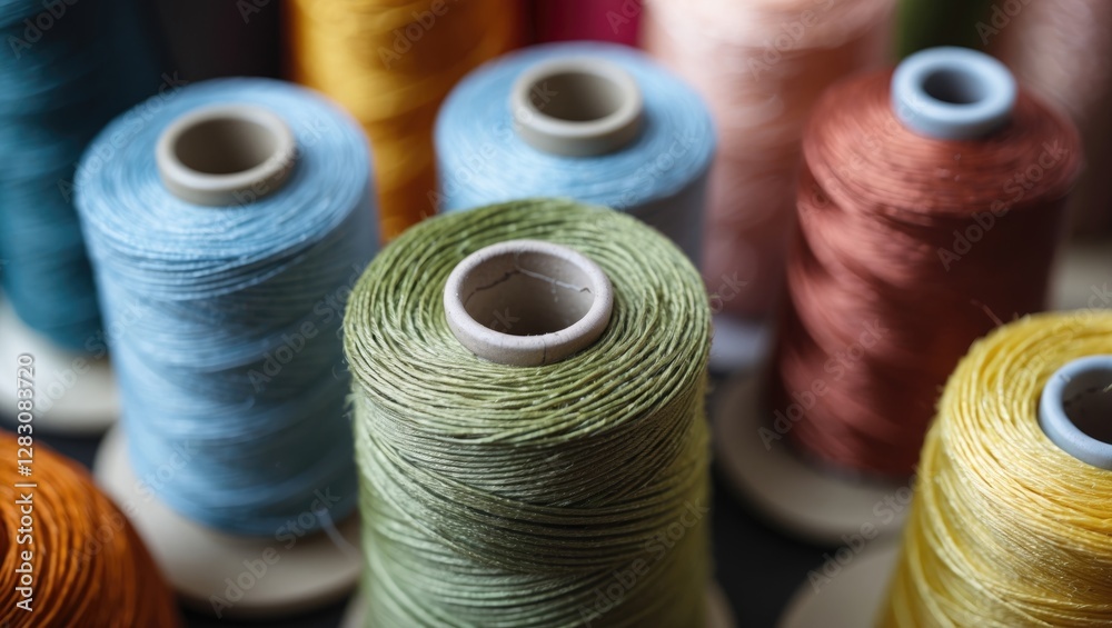Poster colorful thread spools in close up showcasing various shades for sewing and crafting projects in a c