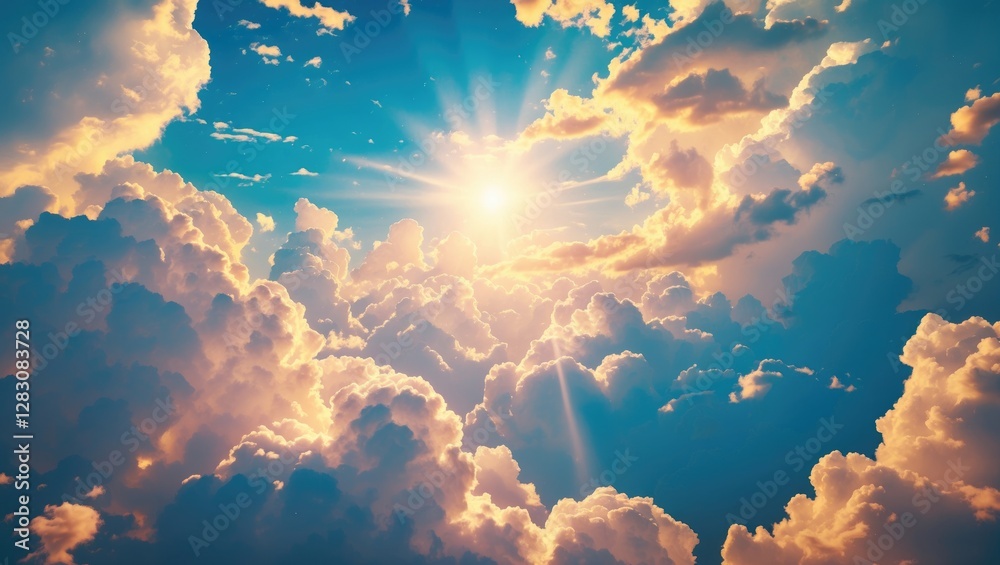 Poster serene cloudy sky with vibrant sun rays illuminating the horizon creating a breathtaking natural bac