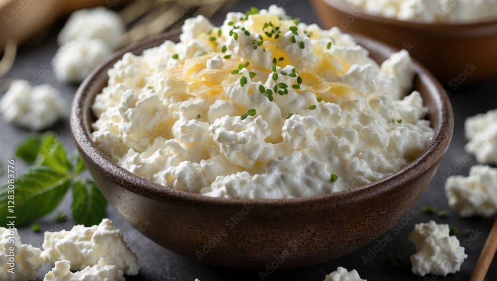 Poster fresh cottage cheese topped with herbs and spices in a rustic bowl, emphasizing texture and creamy a