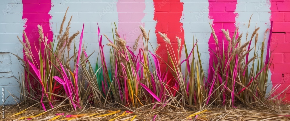 Poster vibrant dried grass with pink and red paint streaks on a white wall creating an artistic and colorfu