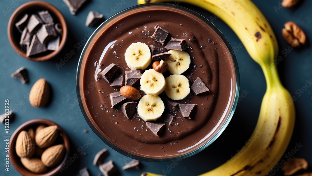 Poster Delicious chocolate banana smoothie topped with nuts and fresh banana slices on a textured background with copy space for your design.