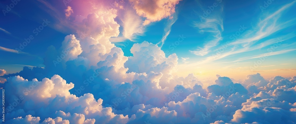Poster majestic summer clouds with vibrant hues against a clear blue sky creating a serene and uplifting at