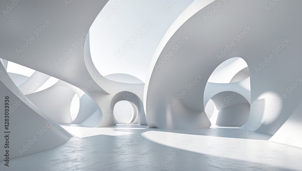 Aufkleber Futuristic White Interior with Abstract Wave Structures Minimalist Geometric Design 3D Rendering Ideal for Urban Architecture Backgrounds