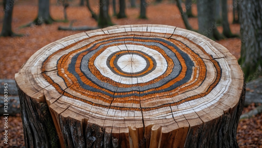 Poster circular wood stump with distinctive rings and patterns surrounded by autumn forest landscape