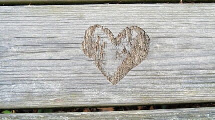 Carved heart on weathered wood bench outdoors