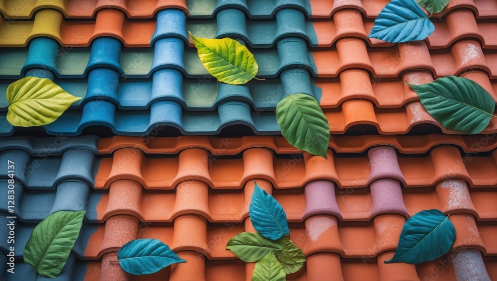Poster vibrant ceramic roof tiles adorned with colorful leaves showcasing a harmonious blend of colors and 