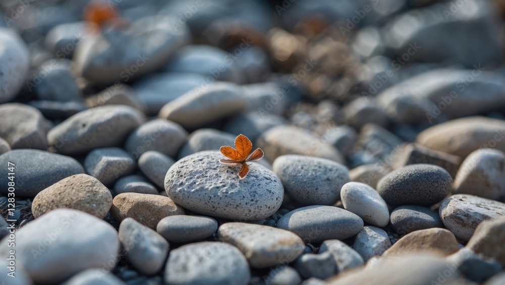 Aufkleber Close up of smooth pebbles with an orange leaf creating a serene natural background for relaxation or meditation concepts.