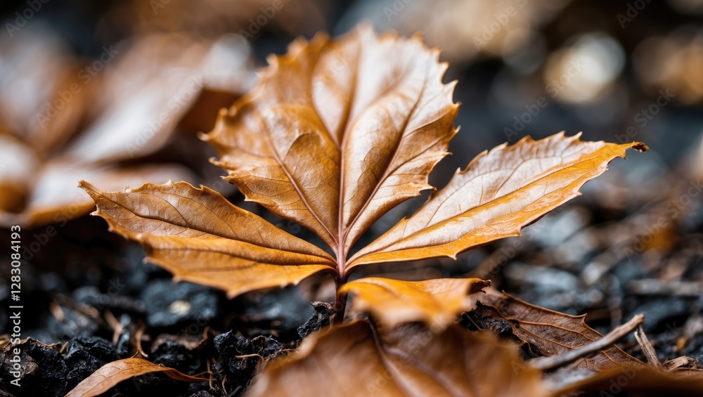 Poster close up of a dry autumn leaf with intricate textures and colors set against a blurred natural backg