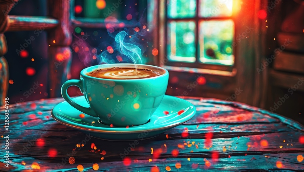 Poster cozy coffee cup with steam on a rustic wooden table illuminated by soft light in a warm, inviting at