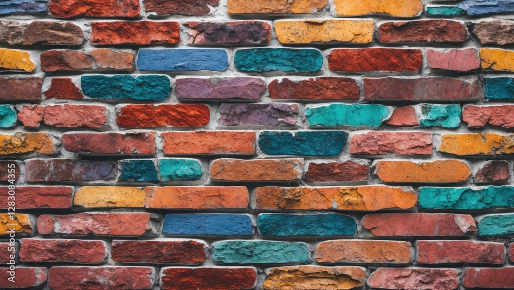 Poster vibrant colored brick wall texture featuring a mix of rough, multicolored bricks ideal for creative 