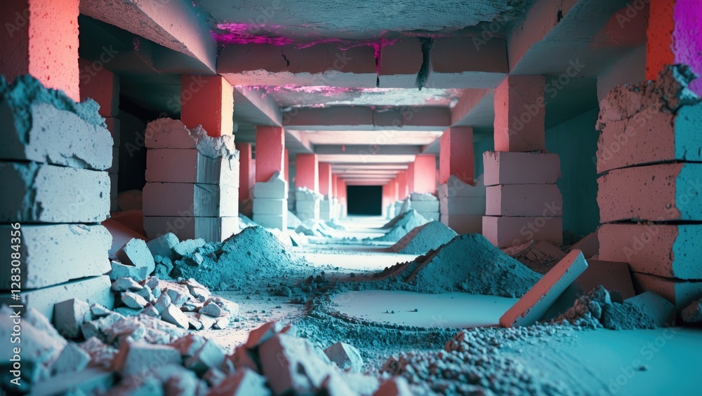 Poster Cinder block construction site with scattered cement paste and colorful lighting showcasing depth and architectural design elements