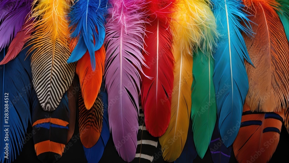 Poster vibrant assortment of colorful feathers arranged artistically showcasing a variety of textures and h
