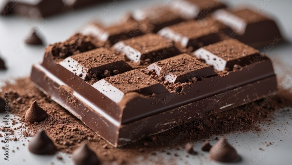 Poster close up of a rich chocolate bar dusted with cocoa powder surrounded by chocolate chips on a texture