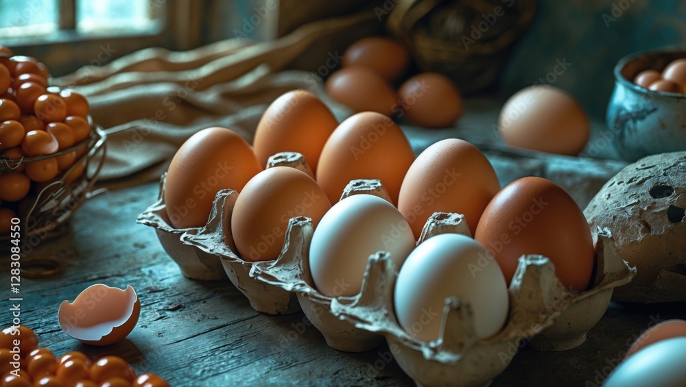Poster assorted eggs in a rustic setting with warm tones highlighting their natural beauty on a wooden tabl