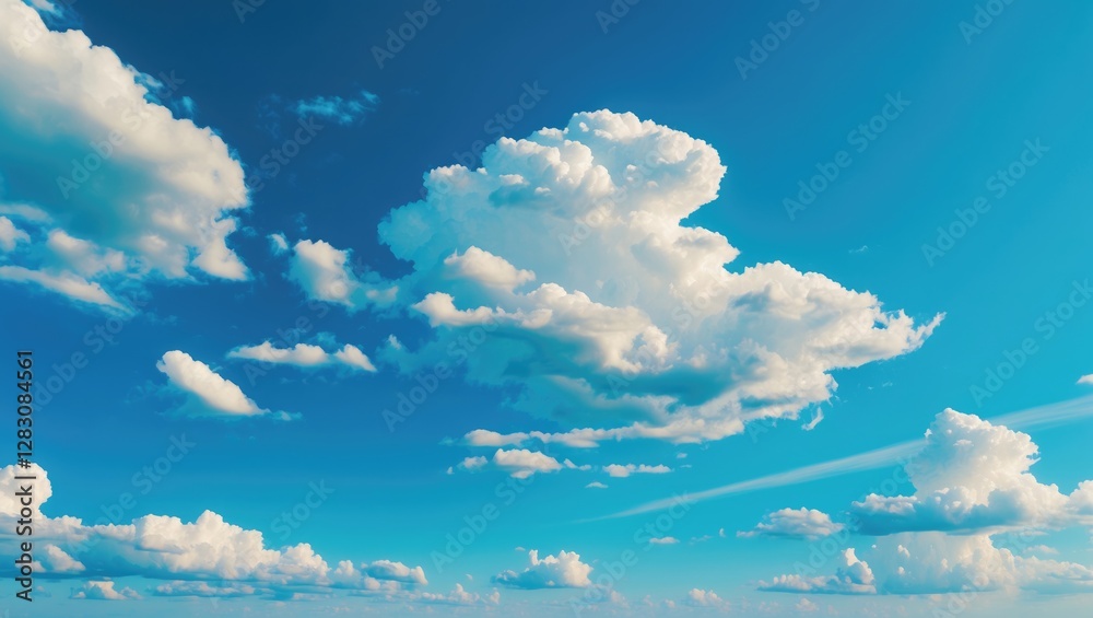 Poster vibrant blue sky adorned with fluffy white clouds creating a serene and tranquil atmosphere perfect 