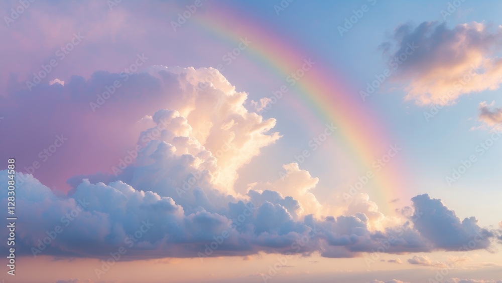Poster pastel sky with vibrant rainbow arcing over fluffy clouds creating a serene and dreamy atmosphere pe