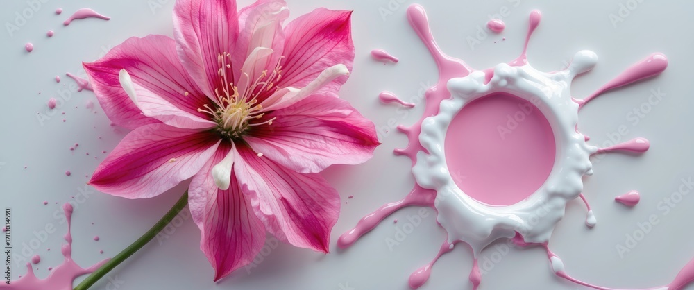 Poster pink flower with white paint splash on a light background showcasing vibrant colors and artistic des
