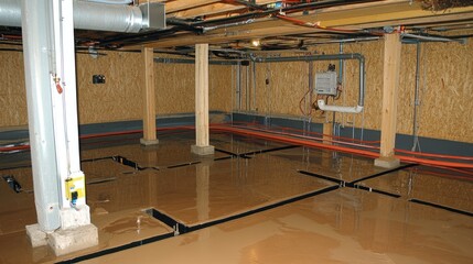 Exposed concrete slab with embedded plumbing and electrical conduit