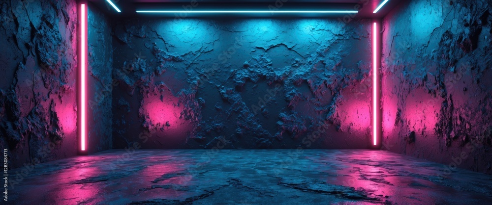 Poster neon illuminated grunge wall interior background with rough texture and vibrant blue pink lights cre