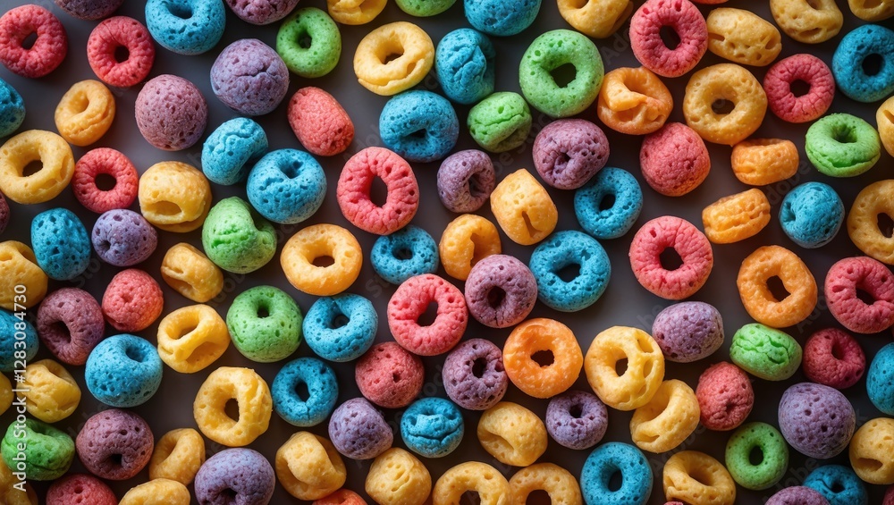 Poster Colorful cereal texture background with vibrant hues ideal for food styling and playful design projects.