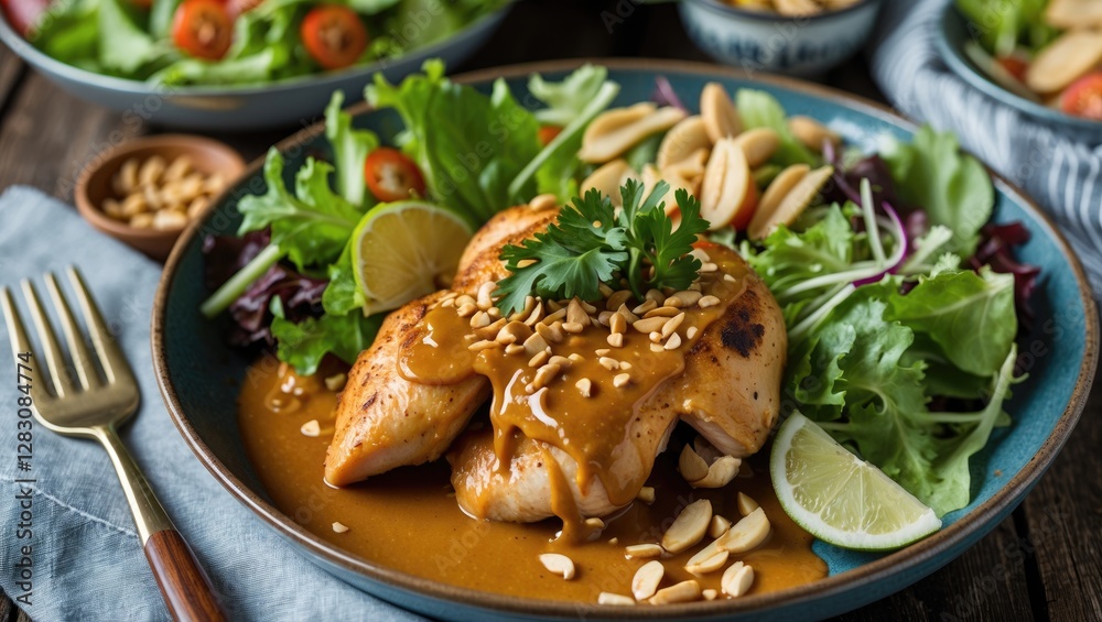 Poster chicken breast with peanut sauce served on fresh salad garnished with nuts and lime slice on natural