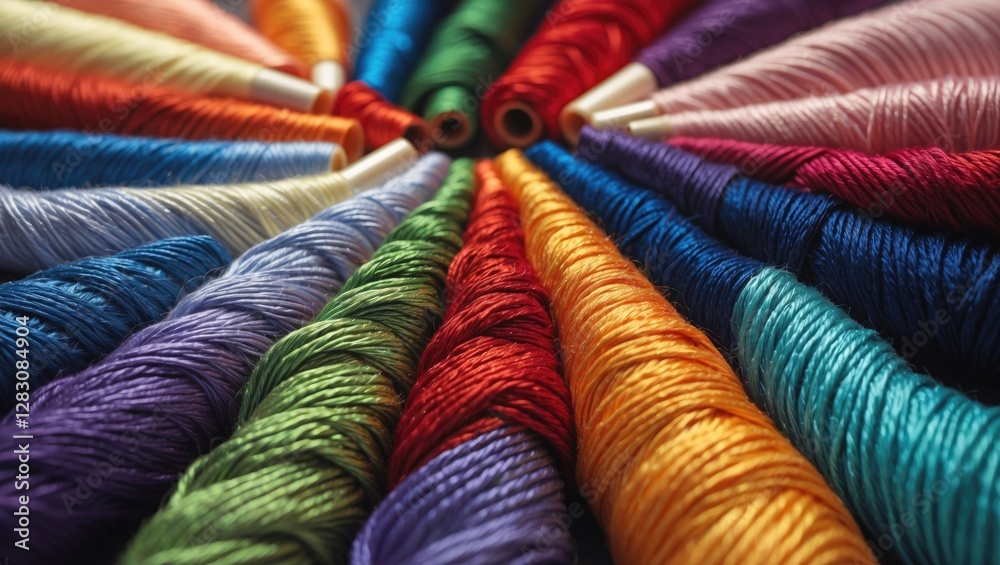 Aufkleber Vibrant sewing threads in various colors arranged in a circular pattern creating a colorful background for embroidery and crafting projects
