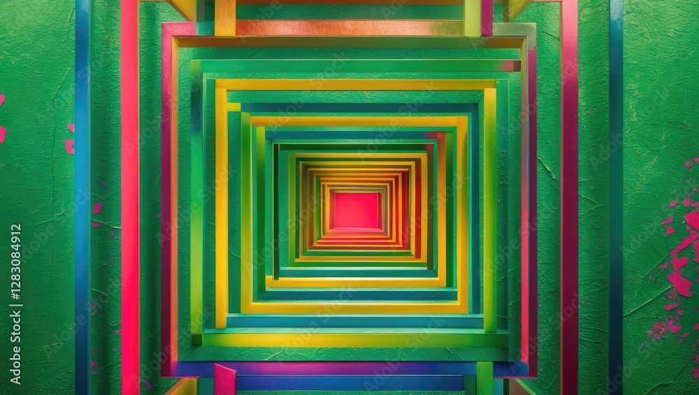 Aufkleber Vibrant layered geometric patterns creating depth against a textured green background for artistic and design concepts