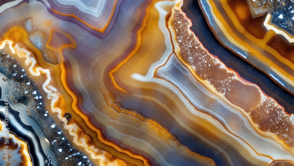 Poster Close up of intricate banding patterns in a beautiful laguna agate stone showcasing vibrant colors and unique geological formations