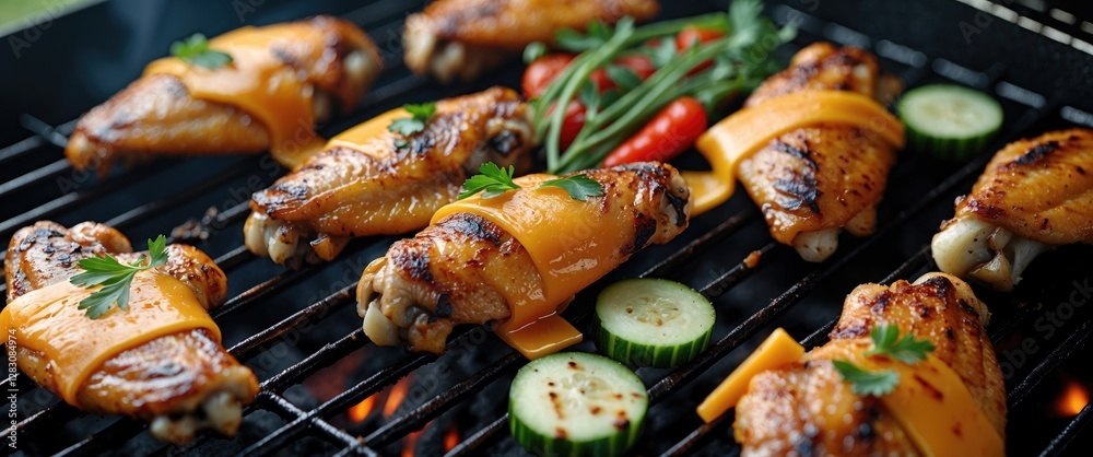 Poster Grilled Chicken Wings Topped with Cheese and Fresh Vegetables Ideal for Summer BBQs with Space for Custom Text