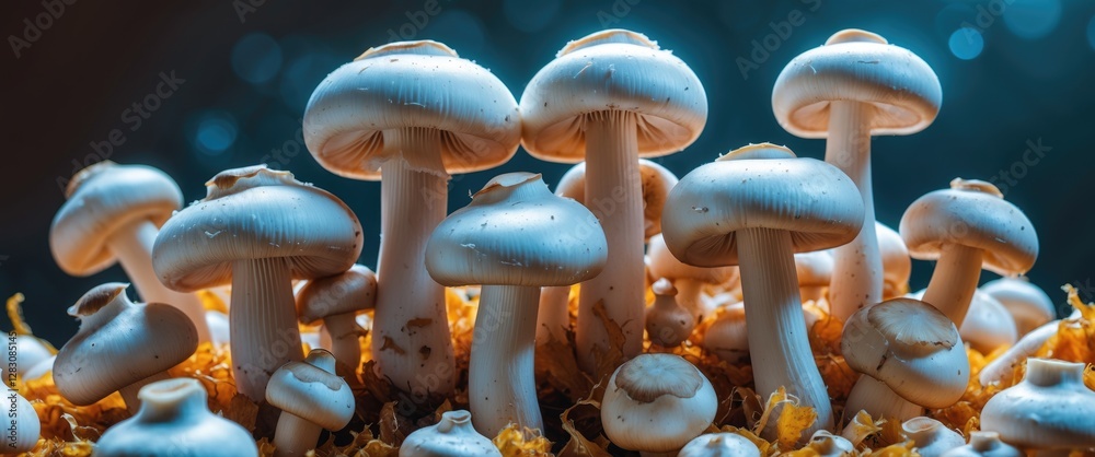 Poster closeup of fresh white champignon mushrooms on natural substrate with soft lighting and blurred back