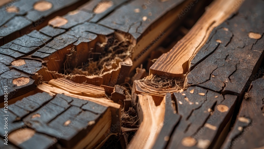 Poster Detailed close-up of cracked wood surface showcasing intricate textures and natural patterns in rustic materials for design and craftsmanship.
