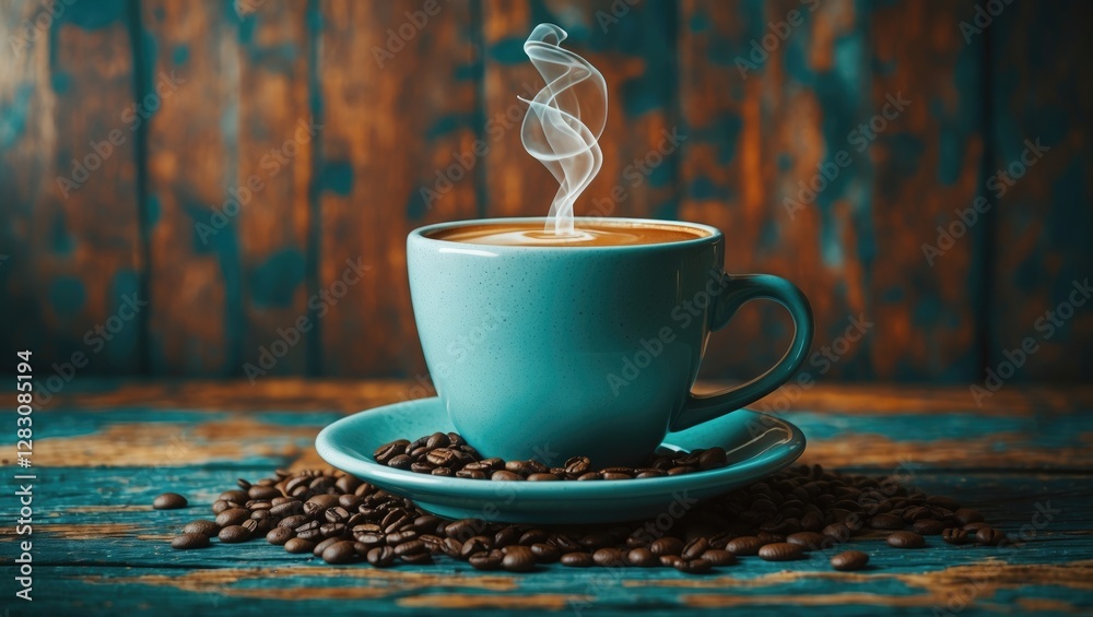 Poster Steaming coffee cup on a wooden table with scattered coffee beans creating a warm and inviting atmosphere.