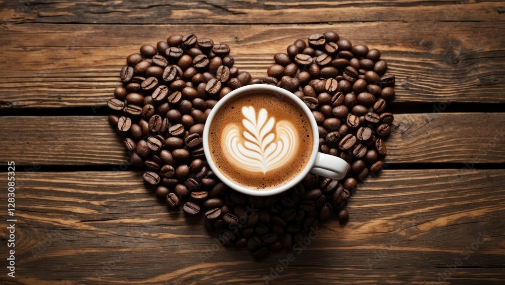 Poster coffee cup surrounded by roasted beans arranged in a heart shape on a rustic wooden table perfect fo