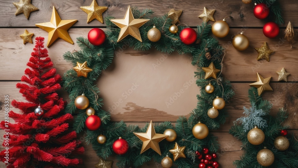 Poster christmas decoration wreath featuring a red tree and golden ornaments on a wooden background with am
