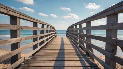 Fototapeta premium Wooden bridge leading to a beach with ocean waves and blue sky, ideal for peaceful waterfront scenes, Copy Space available.