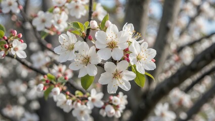 Naklejka premium Cherry blossom tree branch with white flowers in spring sunlight against blurred background Copy Space