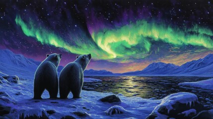 Polar bears gazing at the dancing auroras on a quiet winter night, their silhouettes outlined against the glowing green and purple lights; the icy landscape is detailed with