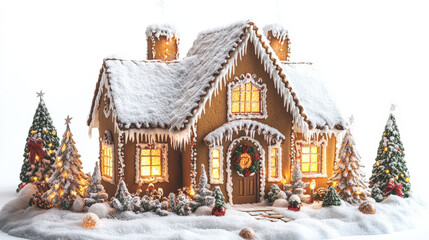 Fototapeta premium A small house made of chocolate cookies in the woods on a snowy day