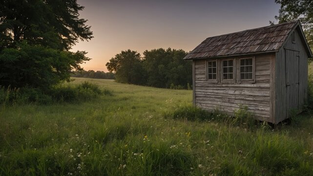 Abandoned wooden shed in a grassy field at sunset with trees in the background landscape with Copy Space - Powered by Adobe