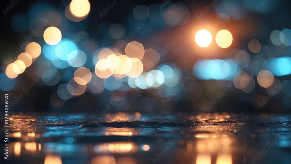Poster colorful bokeh lights reflecting on wet surface at night creating an abstract background with soft f