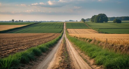 Obraz premium Rural dirt road through vibrant agricultural fields under a cloudy sky with green grass along the edges and distant trees Copy Space