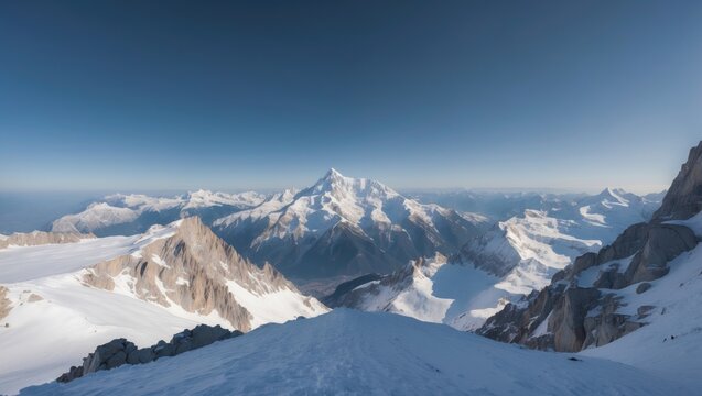 Snow-capped mountain range with clear blue sky panoramic view vast landscape with rocky peaks and snow-covered surfaces Copy Space