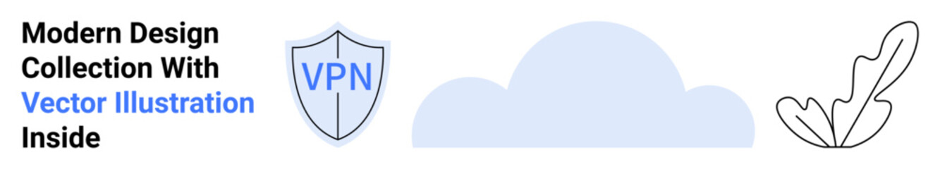 VPN shield icon, blue cloud, and minimal leaf outline highlight digital security, cloud storage, data protection, online privacy, modern tech, internet safety, flat landing page banner