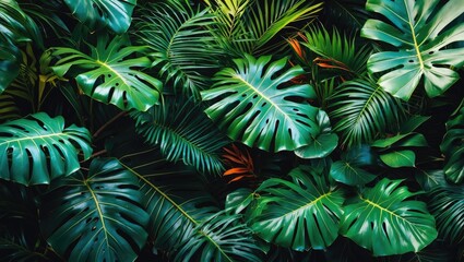 Tropical green leaves background with monstera and palm foliage creating a lush botanical texture ideal for nature themed designs Copy Space
