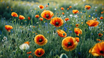 Obraz premium Vibrant field of orange poppies and wildflowers under soft light with blurred background and ample copy space for text placement