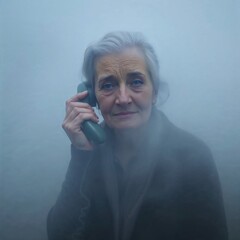 senior woman talking on cell phone in a fog