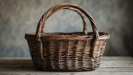 Wicker basket on wooden table against textured background with copy space for text