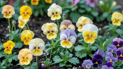 Colorful pansy flowers in bloom with varying shades of yellow, purple, and white, showcasing lush green foliage and garden setting. Copy Space